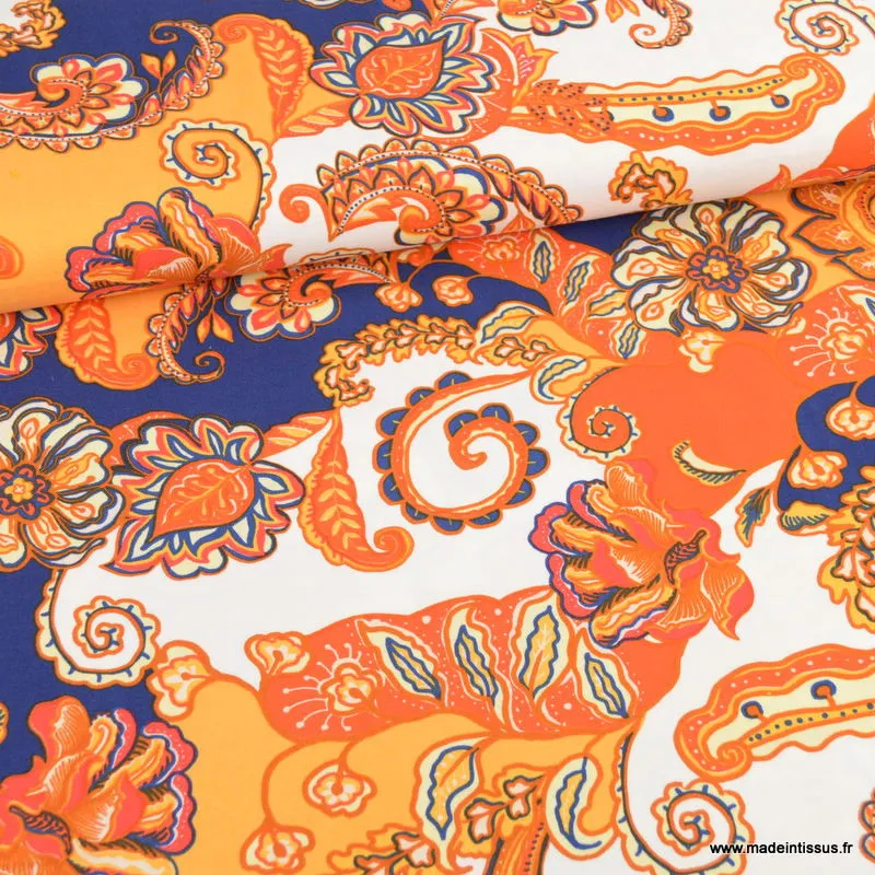 1 coupon de 205 cm Tissu twill Viscose motif cachemire jaune, orange et bleu