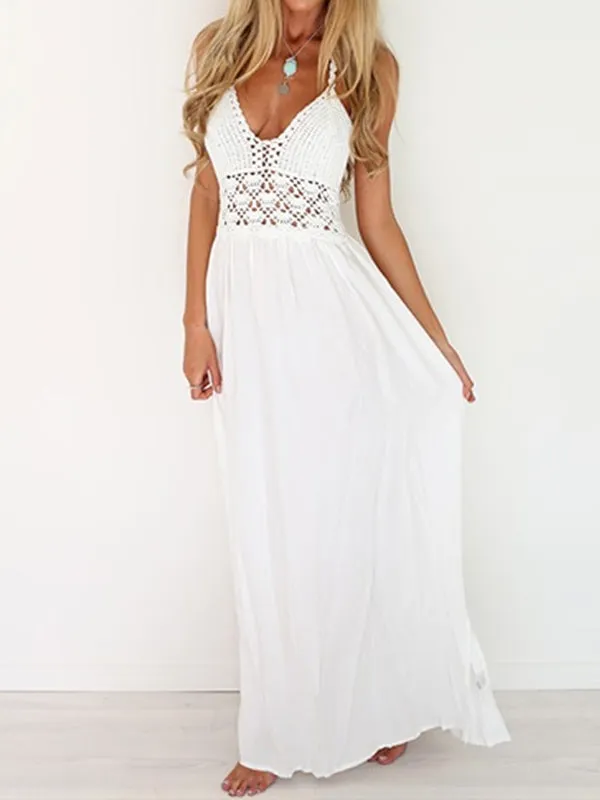 Blanche Robe Longue en Mousseline de Plage avec Découpes Dentelle