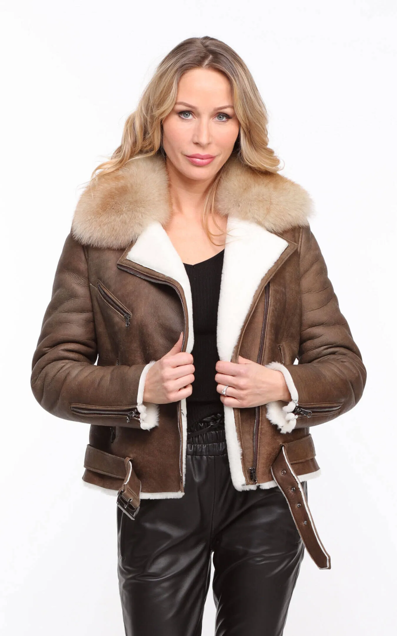 Blouson mouton femme marron vieilli