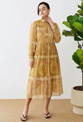Boho Paisley Robe mi-longue en mousseline de soie plissée en orange
