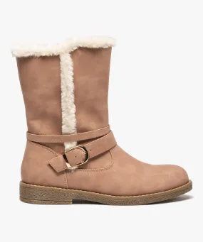 Boots fourrées femme plates unies avec bride décorative rose