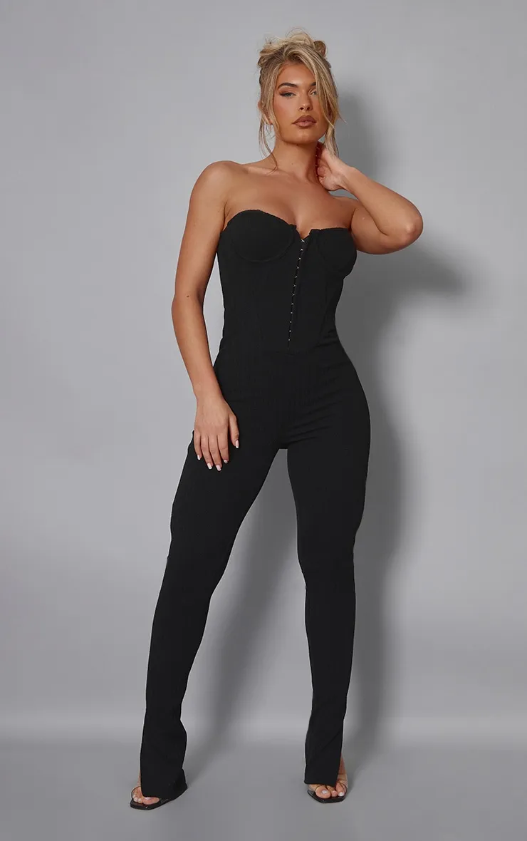 Combinaison côtelée texturée noire bustier corset à ourlets fendus