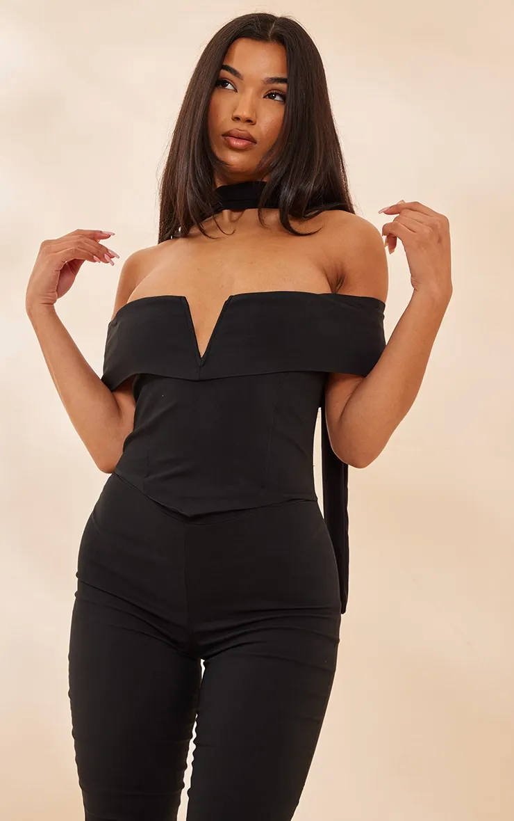 Combinaison en maille tissée stretch noire à col bardot et barre en V