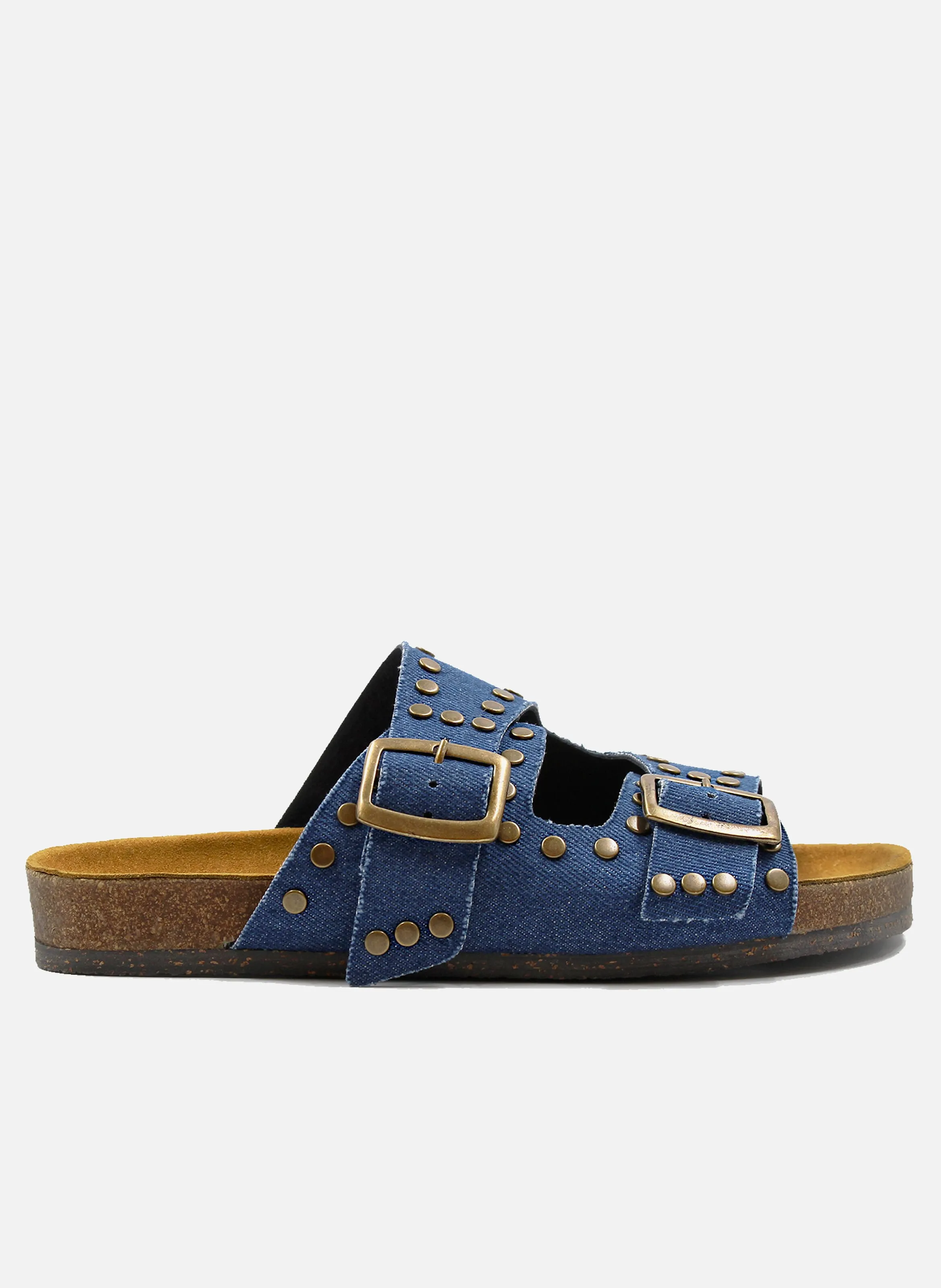 JULES & JENN  Mules liège clous toile denim - Bleu