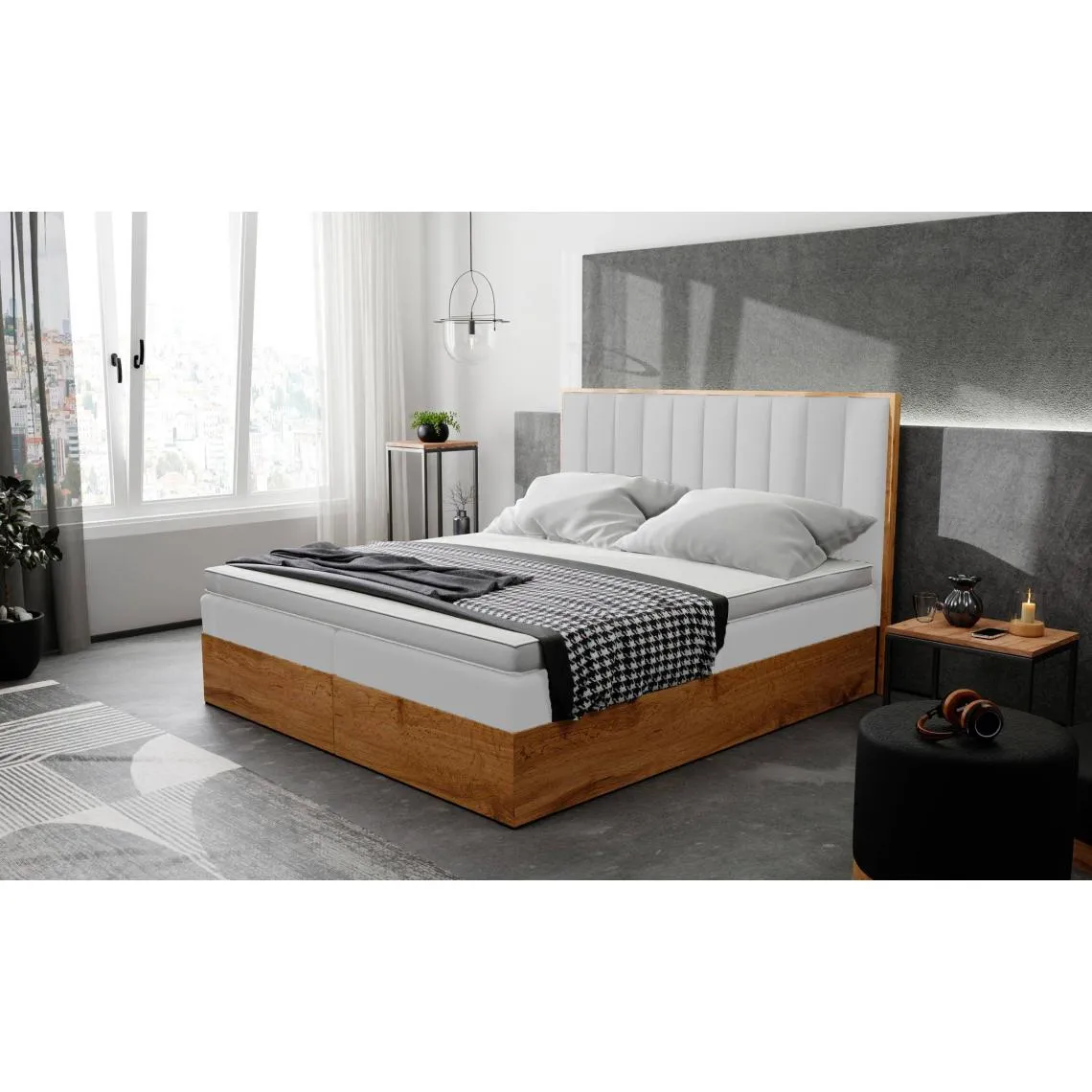 Lit boxspring avec matelas et sur-matelas inclus Woodali Bois et Simili Blanc | 3 Suisses