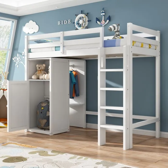 Lit mezzanine 90x200cm en bois de pin - avec armoire et étagères - style moderne - Blanc