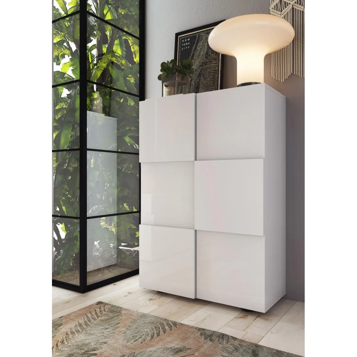 Meuble de rangement Damano 2 Portes Laqué Blanc Brillant 4 étageres L78xH 116 cm | 3 Suisses