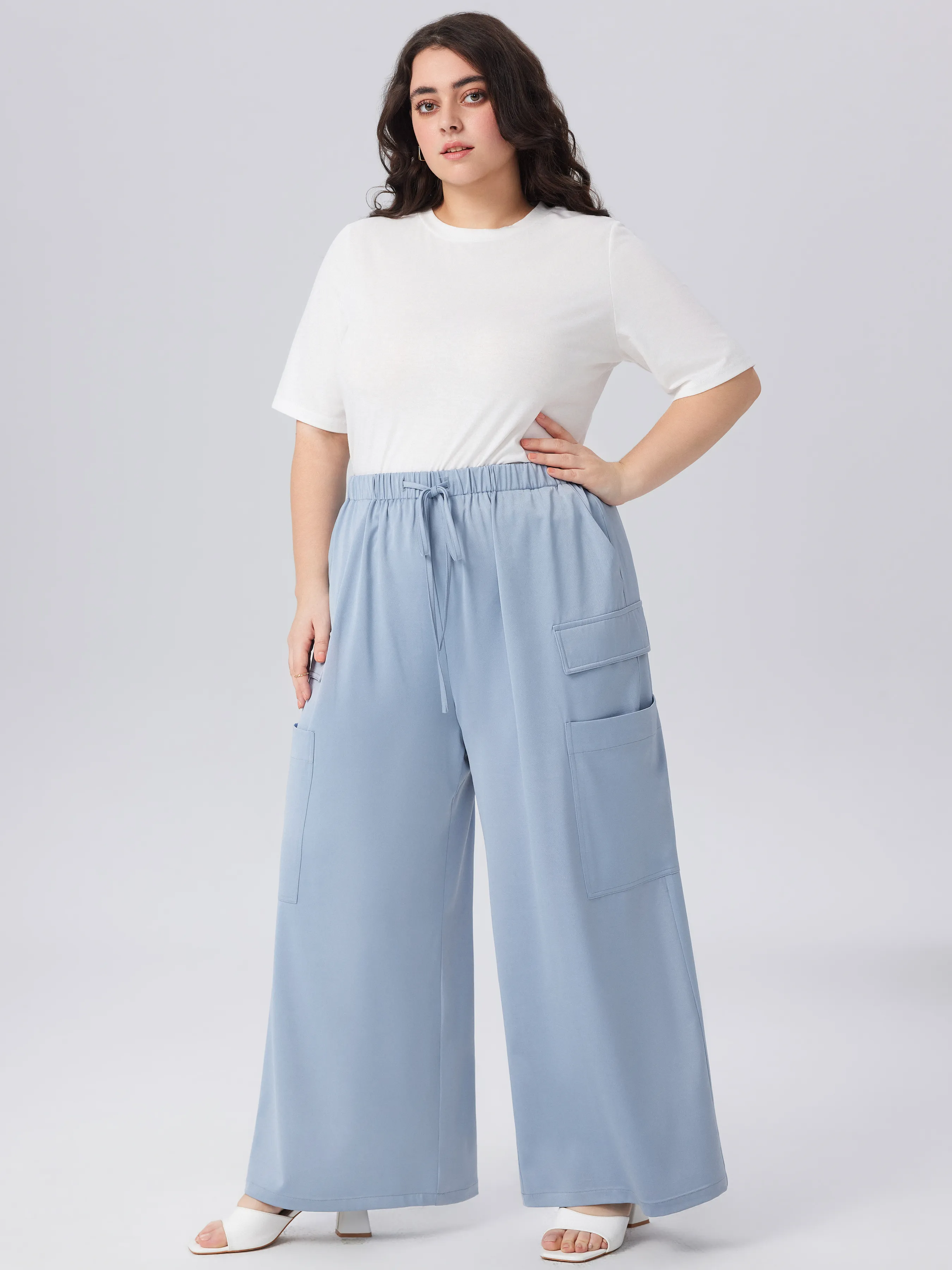 Pantalon large en satin taille moyenne avec poche Curve & Plus