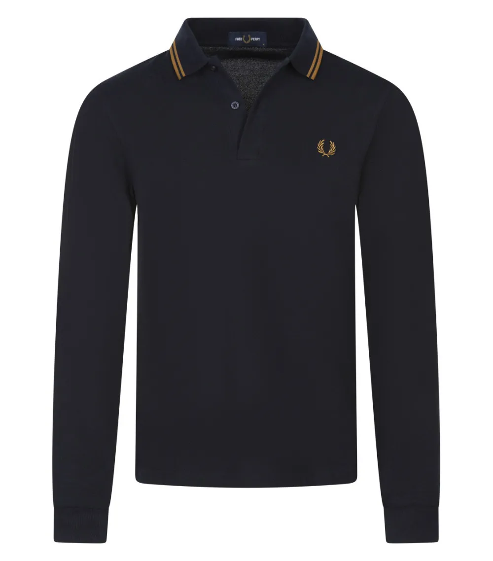 Polo avec manches longues et col boutonné Fred Perry en coton bleu marine
