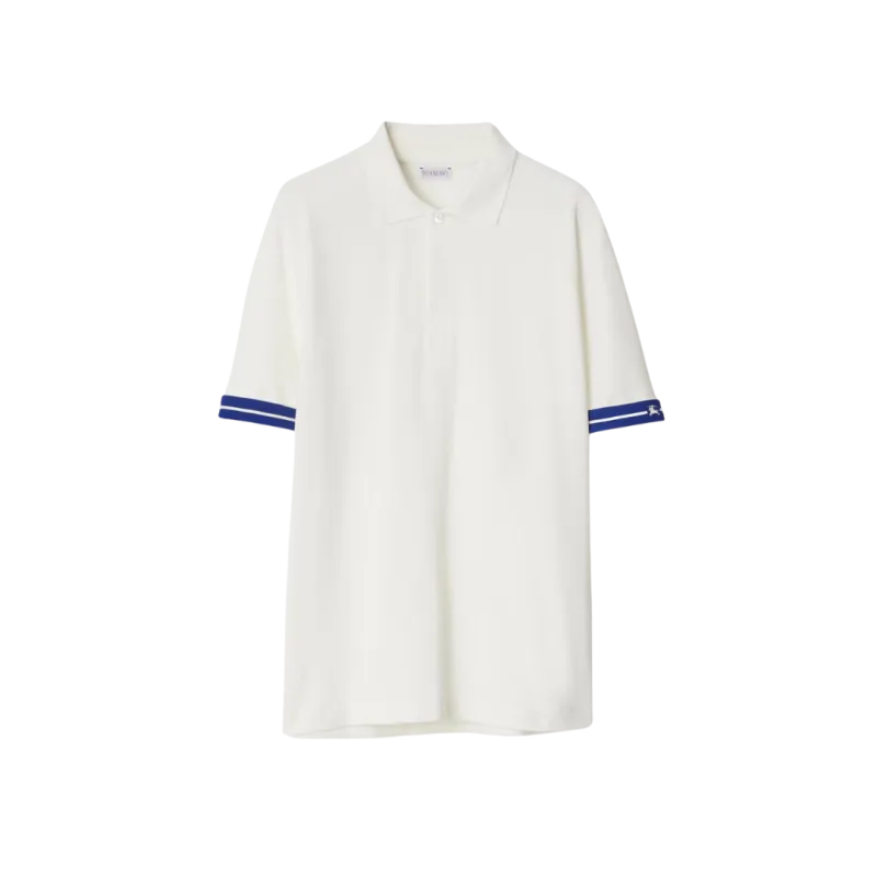 Polo piqué de coton blanc bordure manche courte bleu