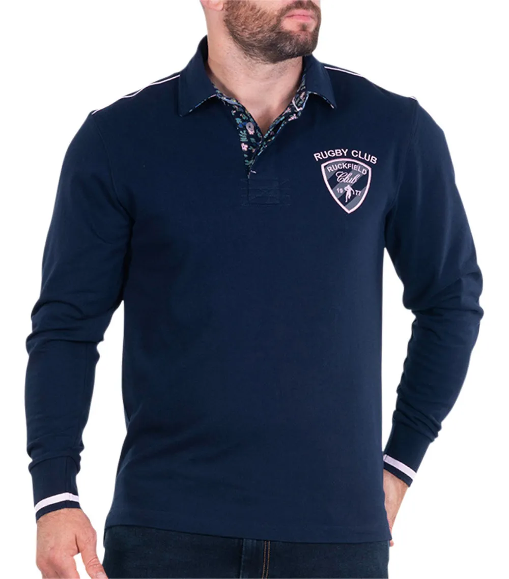 Polo Ruckfield coton avec manches longues et col boutonné bleu marine