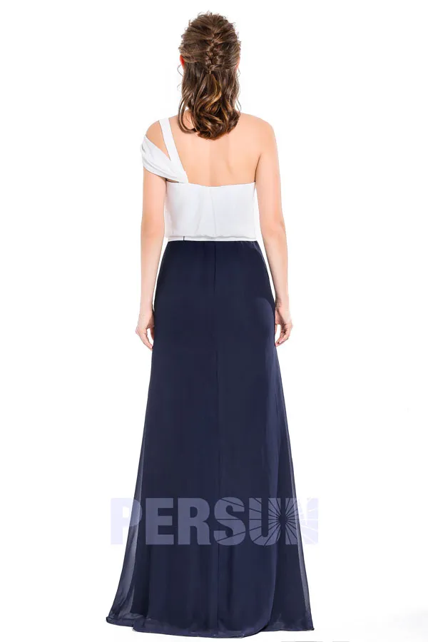 Robe de soirée chic asymétrique bicolore blanc cassé & bleu nuit