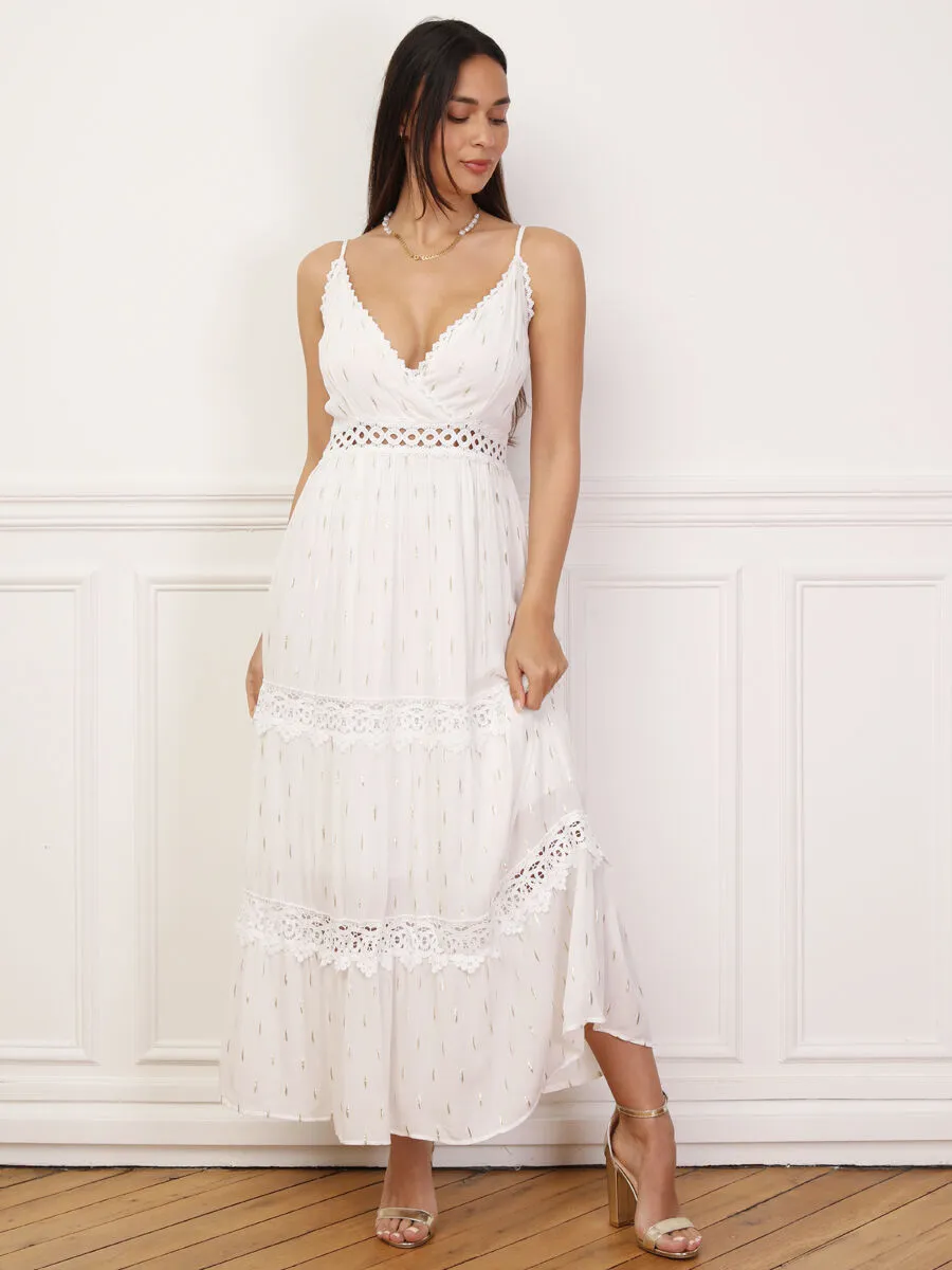 Robe évasée à crochet et éclats dorés- Blanc