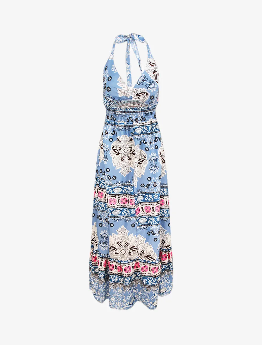 Robe longue dos nu imprimé mosaïque - Bleu