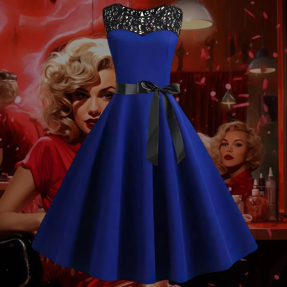 Robe Pin-Up  Bleu Marine à Dentelle