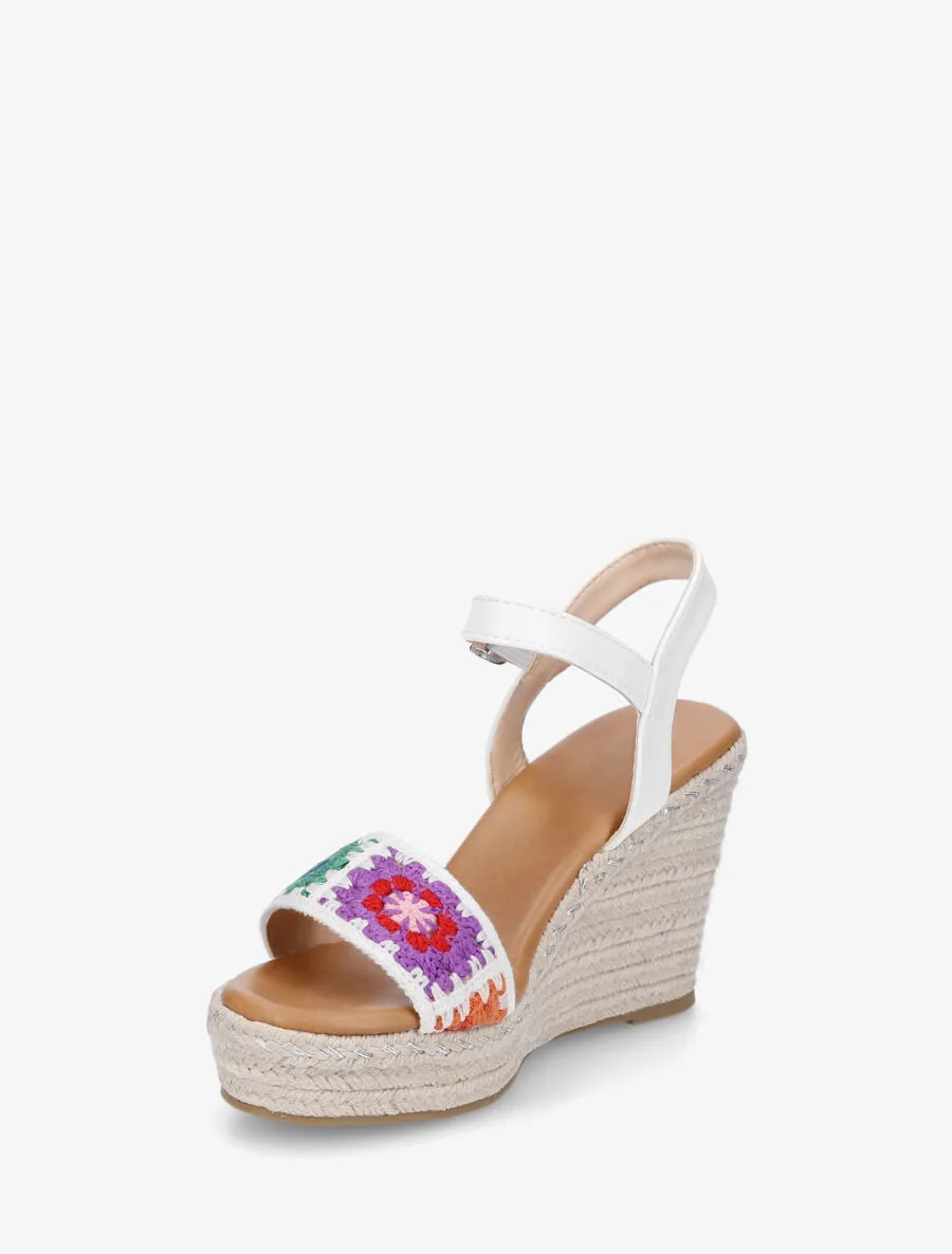 Sandales compensées à bride imprimé floral - Blanc