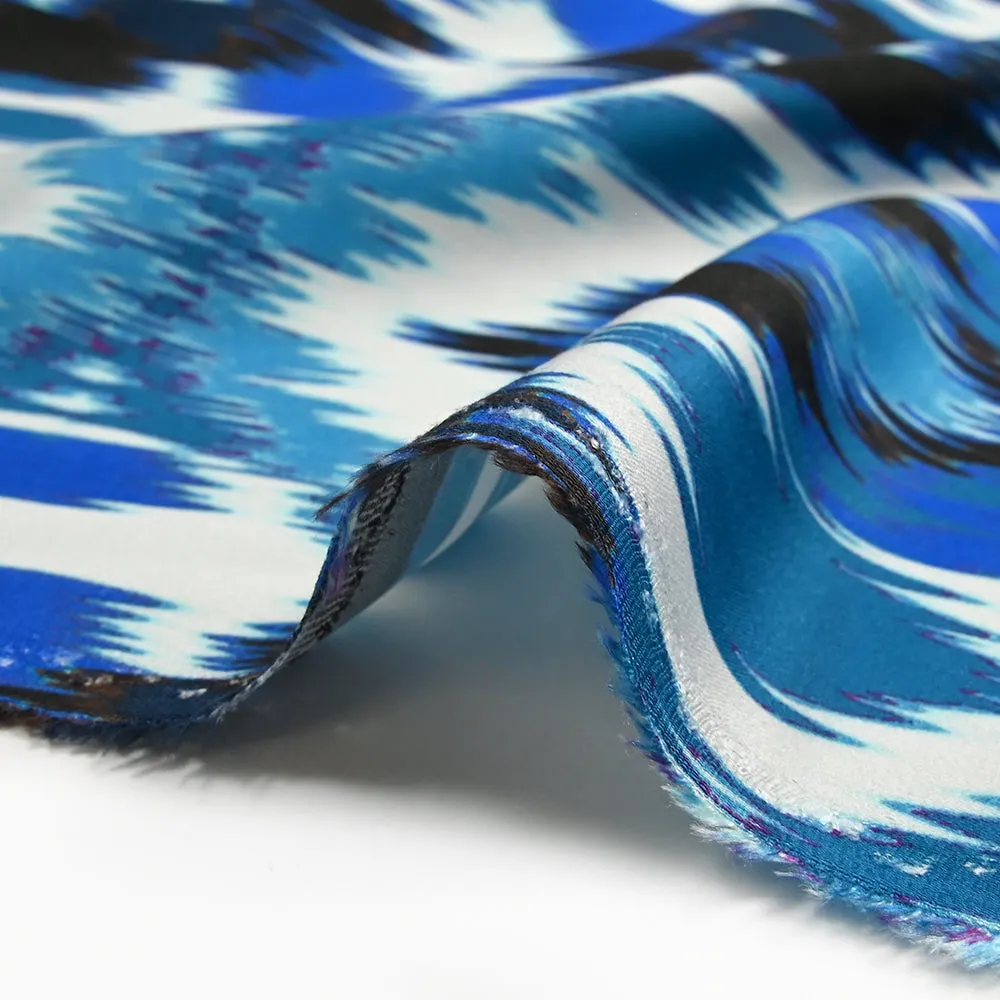 Satin de viscose imprimé patchwork bleu et rouge