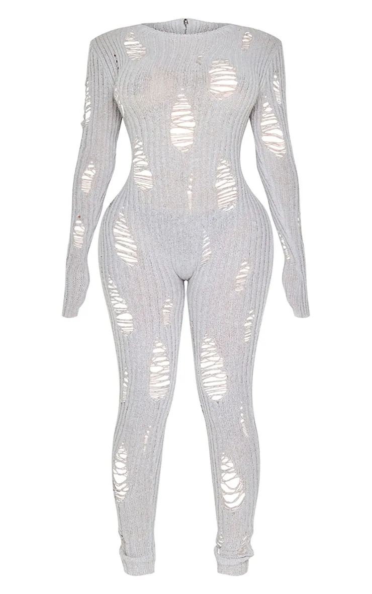 Shape Combinaison en maille tricot déchirée grise à manches longues et détail zip