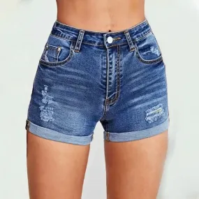 Short en denim déchiré pour femme, coupe couvertes, élastique, serré, taille haute, bord brut droit, pantalon chaud A-line, bleu