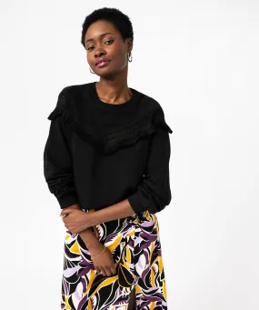 Sweat avec franges et maille ajourée sur le buste femme noir