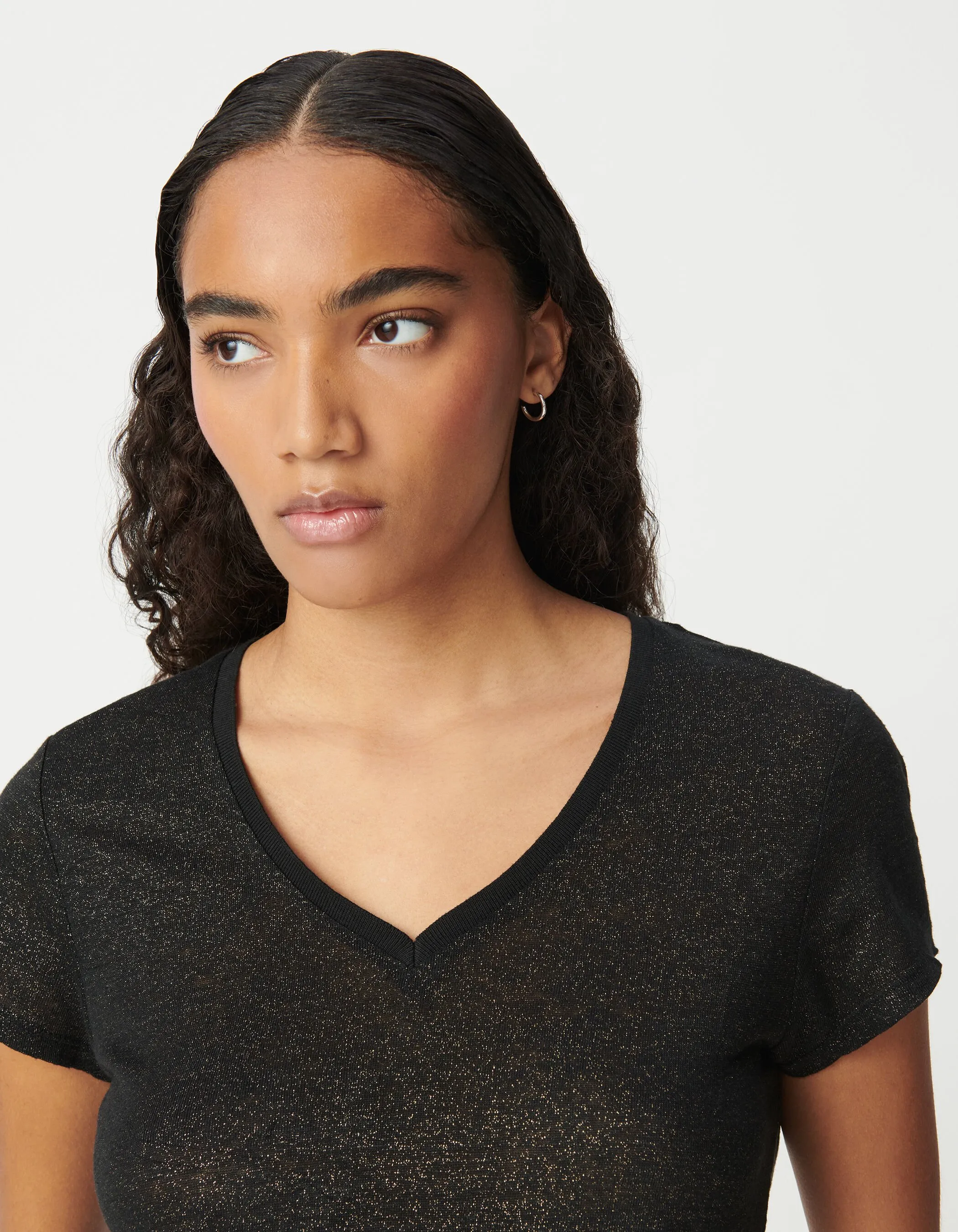 Tee-shirt col V noir en lin foil femme